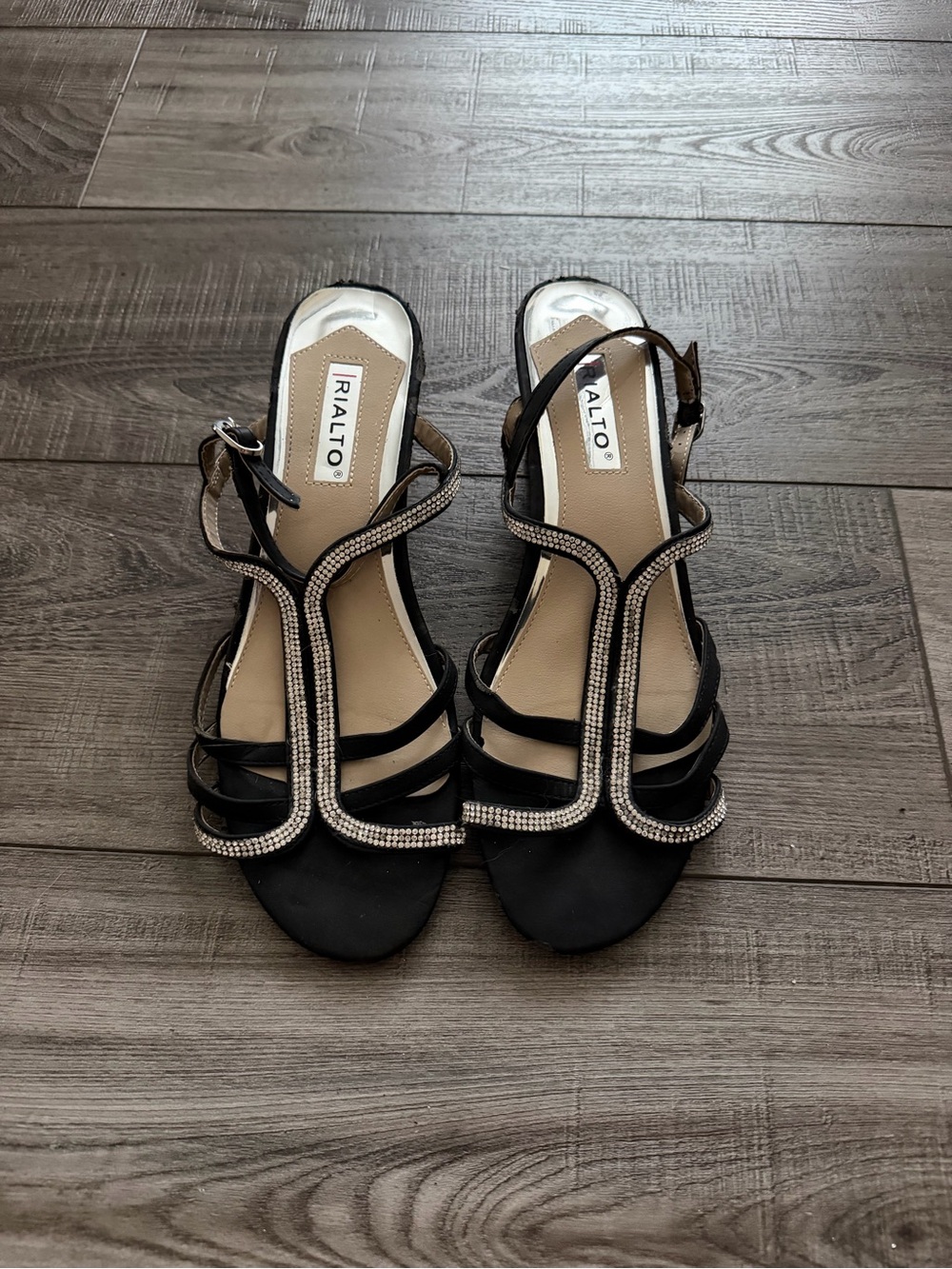 Rialto Black Strappy T-Style Wedges with Rhinestone Trim